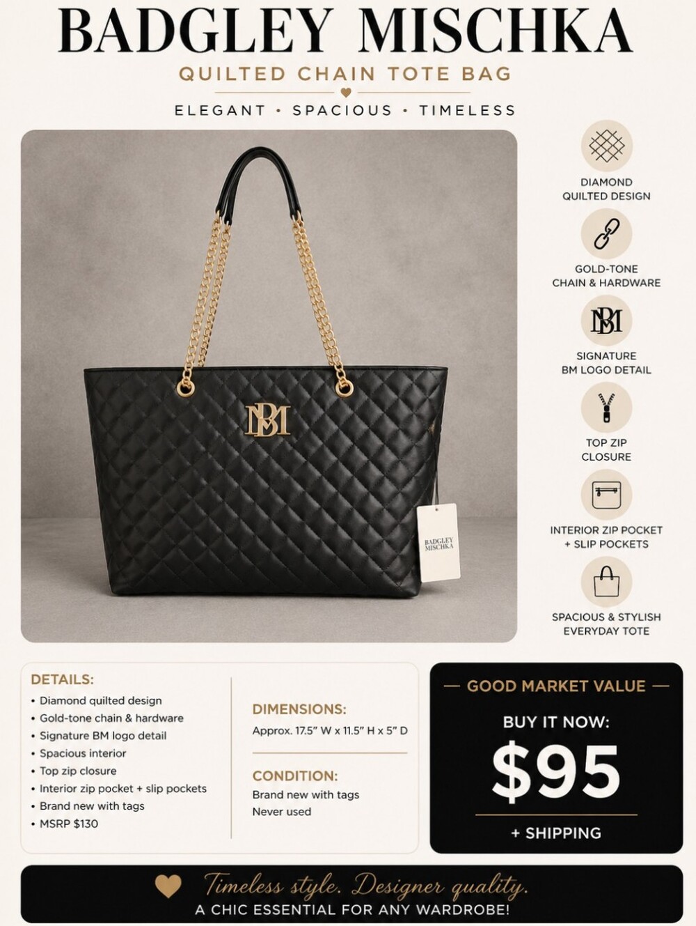 Badgley Mischka Black Quilted Tote with Gold Chain Straps
